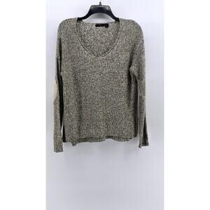 RDI Women's Beige-Black Marled V-Neck Elbow Patch Sweater SZ L